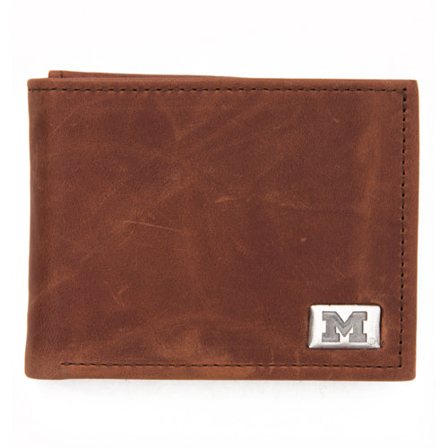 Michigan Wolverines Brown Bi Fold Leather Wallet