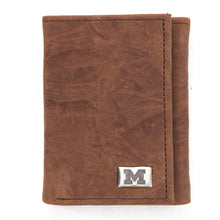 Load image into Gallery viewer, Michigan Wolverines Brown Tri Fold Leather Wallet