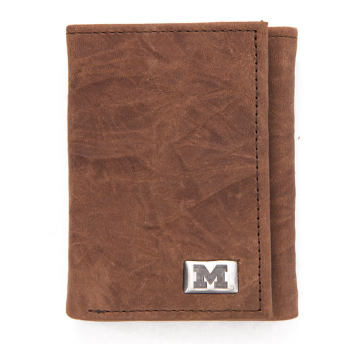 Michigan Wolverines Brown Tri Fold Leather Wallet