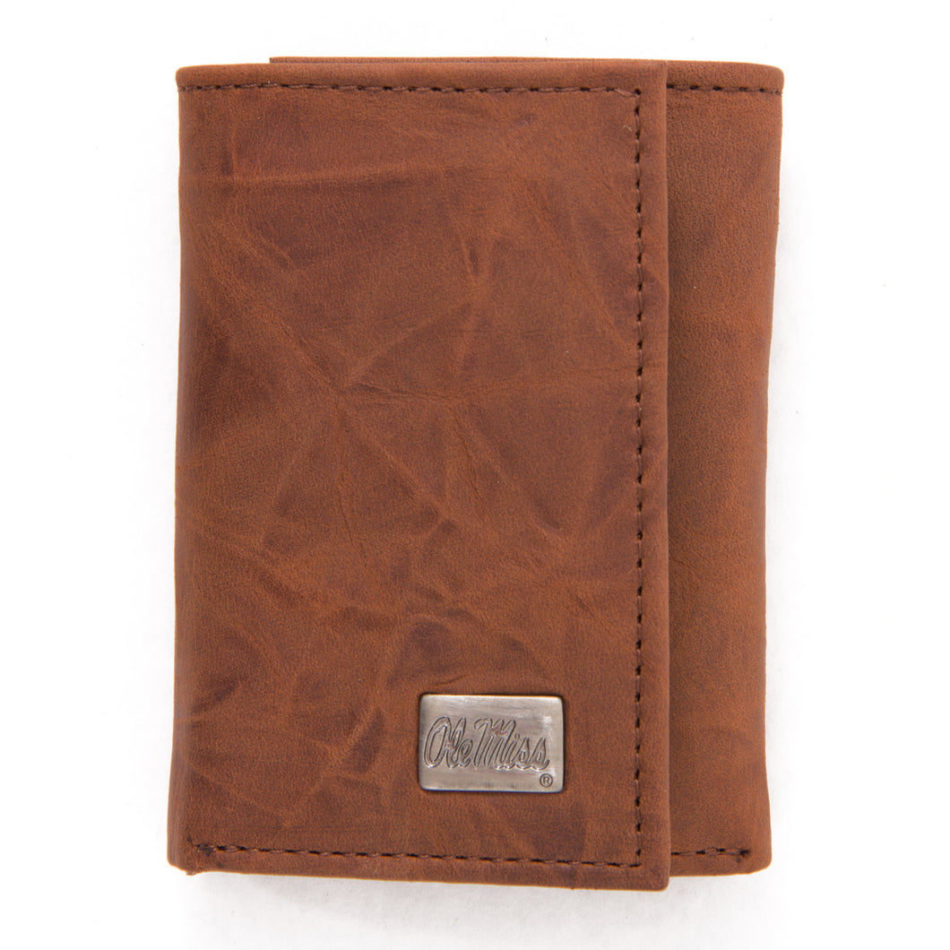 Ole Miss Rebels Brown Tri Fold Leather Wallet