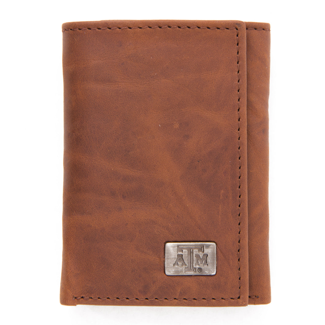 Texas A&M Aggies Brown Tri Fold Leather Wallet