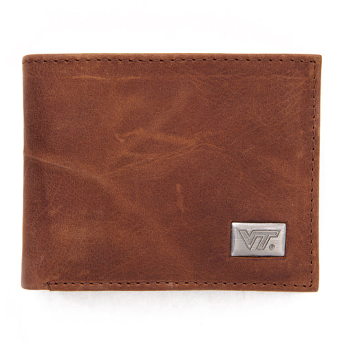 Virginia Tech Hokies Brown Bi Fold Leather Wallet