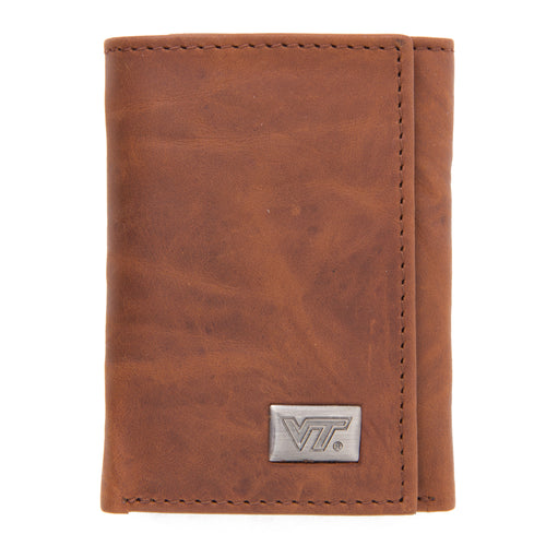 Virginia Tech Hokies Brown Tri Fold Leather Wallet