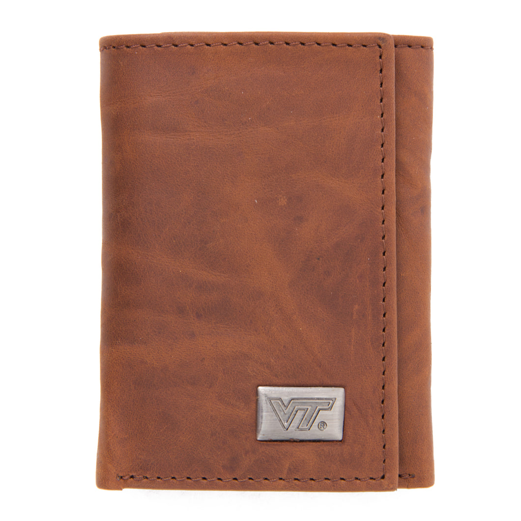 Virginia Tech Hokies Brown Tri Fold Leather Wallet
