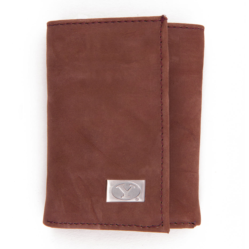 BYU Cougars Brown Tri Fold Leather Wallet